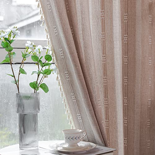 Deeprove Boho Curtains 84 Inches Long for Bedroom, Taupe Cotton Linen White Stripes Embroidery Chic Hollow Geometric, Semi Blackout Window Vintage Drape Tassels, 1 Panel W52 x L84 - color: Taupe, size: 52"W x 84"L (Pack of 1)