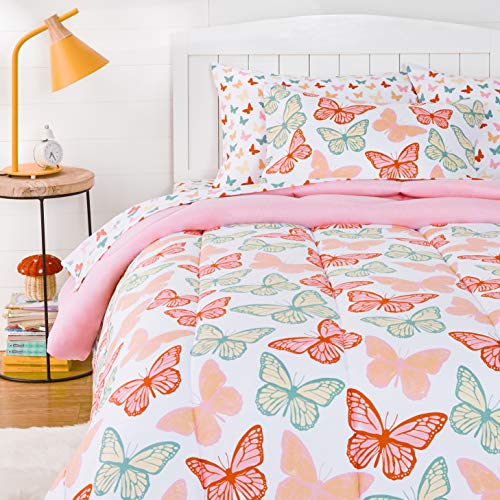 Amazon Basics 5-Piece Soft Microfiber Kid's Bed-in-a-Bag Bedding Set with Comforter, Sheets, Sham and Pillowcase, Twin, Butterfly Friends - color: Butterfly Friends, size: Twin