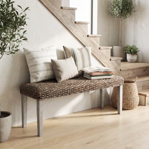 Solid Acacia Wood Bench with Natural Woven Water Hyacinth Seat, Grey Leg | Plait Style, Farmhouse, Rustic, Boho, Coastal for Living Room or Entryway - color: Plait - Grey Leg & Water Hyacinth