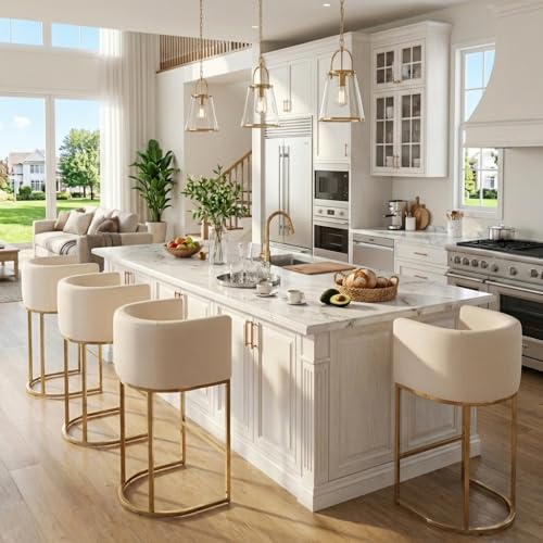 HNY Modern Cream Counter Height Barrel Upholstered Counter Stools Set of 2, 29 Inch Linen Fabric Kitchen Island Stools with Gold Metal Frame - color: 29inch Cream,gold Base