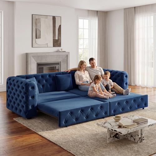 89" 4-Seater Queen Size Pull Out Sofa Bed with 3 Pillows, Blue | 4-Seater Classic Velvet Sofa with Tufted Design,3 Pillows,89" Extra Large 3-in-1 Pull Out Sofa - color: Q-blue-w01
