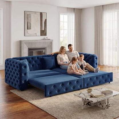 89" 4-Seater Queen Size Pull Out Sofa Bed with 3 Pillows, Blue | 4-Seater Classic Velvet Sofa with Tufted Design,3 Pillows,89" Extra Large 3-in-1 Pull Out Sofa - color: Q-blue-w01