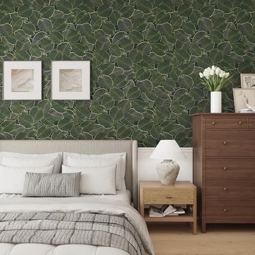 TOTIO Green Wallpaper Peel and Stick Dark Green Leaf Contact Paper 16x78inch Matte Thickened Waterproof Self-Adhesive PVC Wall Sticker Counter Top Stick Paper Green Leafy Plants Vinyl Wrap for Cabinet - color: Green, size: 16" x 78"