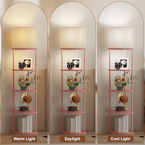 Qupui Floor Lamp with Shelves, 61.5" 5-Tier, 3-Color LED, Pink | Fabric Shade With Soft Cozy Light. 3 Color Temperatures 12W LED. 5 Tiers, 22 Lbs Each. Durable Composite Panels, Metal Frame - color: 5-Tier Pink