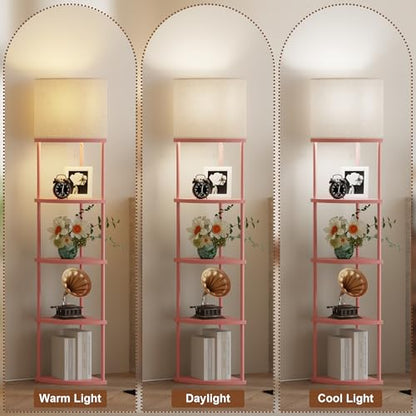 Qupui Floor Lamp with Shelves, 61.5" 5-Tier, 3-Color LED, Pink | Fabric Shade With Soft Cozy Light. 3 Color Temperatures 12W LED. 5 Tiers, 22 Lbs Each. Durable Composite Panels, Metal Frame - color: 5-Tier Pink