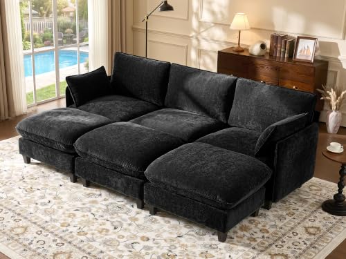 Ihanherry 105" Sleeper Sofa, Modular Sectional Cloud Couch with Oversized Large Cushions & 3 Movable Ottoman, Chenille Deep Seat Couch for Living Room, Black - color: Black, size: 105“ 6 Seat Sleeper Sofa