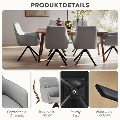 360°Swivel Dining Chairs Set of 6, Modern Upholstered Dining Room Chairs with Thicken Cushion, Dining Chairs with Armrests Swivel Kitchen Chairs for Living Room, PU, Grey - color: Grey, size: Set of 6