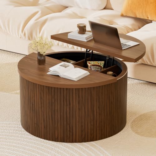 Fluted Round Lift Top Coffee Table with Storage, 31.5" Walnut Small Circle Wood Center Table for Living Room, Small Space - color: Walnut-round