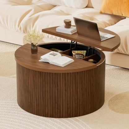 Fluted Round Lift Top Coffee Table with Storage, 31.5" Walnut Small Circle Wood Center Table for Living Room, Small Space - color: Walnut-round