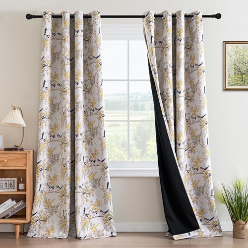 H.VERSAILTEX 꽃무늬 100% 암막 커튼 243.8cm(96인치) 길이 2패널 빈티지 커튼 조명 차단 그로밋 프린트 단열 옐로우 플라워 커튼 드레이프 침실 거실용, 머스타드/블랙 - color: 머스타드/블랙, size: 52"W x 96"L (Pack of 2)