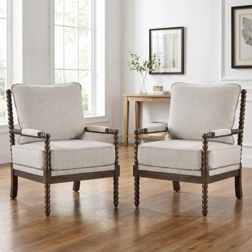 DUHOME Chenille Fabric Spindle Accent Chair Set of 2,Bobbin Chair with High Resilience Spring Cushion and Armrest Pads, Leisure Armchair for Living Room Bedroom Farmhouse Home Office Belcony - color: Dark Walnut+grey, size: 2 pcs