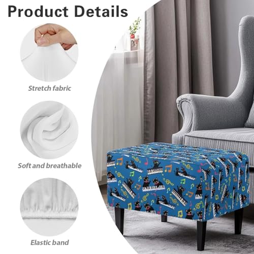 Black Cat Piano Ottoman Covers Rectangle Footrest Slipcovers, Universal Square Stool Cover with Elastic Bottom Washable Footstool Cover Ottoman Foot Stool Protector - color: Black Cat Piano, size: Large