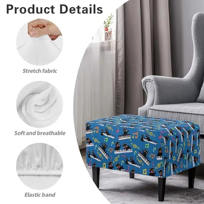 Black Cat Piano Ottoman Covers Rectangle Footrest Slipcovers, Universal Square Stool Cover with Elastic Bottom Washable Footstool Cover Ottoman Foot Stool Protector - color: Black Cat Piano, size: Large