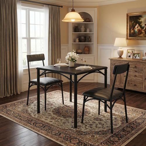 GAOMON Dining Table Set for 2, Kitchen Table and Chairs for 2 with Upholstered Chairs, 3 Piece Dining Room Table Set, Square Kitchen Table Set for Small Space, Apartment, Studio, Rustic Black - color: Rustic Black, size: Table and 2 Upholstered Chairs
