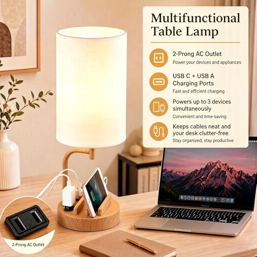 Dreamholder Touch Control USB Table Lamp with USB C/A & AC Outlet, 3-Way Dimmable Bedside Lamp, Modern Nightstand Lamps for Bedroom Living Room Guest Room Office, Bulb Included, Woodgrain - color: Woodgrain