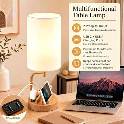 Dreamholder Touch Control USB Table Lamp with USB C/A & AC Outlet, 3-Way Dimmable Bedside Lamp, Modern Nightstand Lamps for Bedroom Living Room Guest Room Office, Bulb Included, Woodgrain - color: Woodgrain
