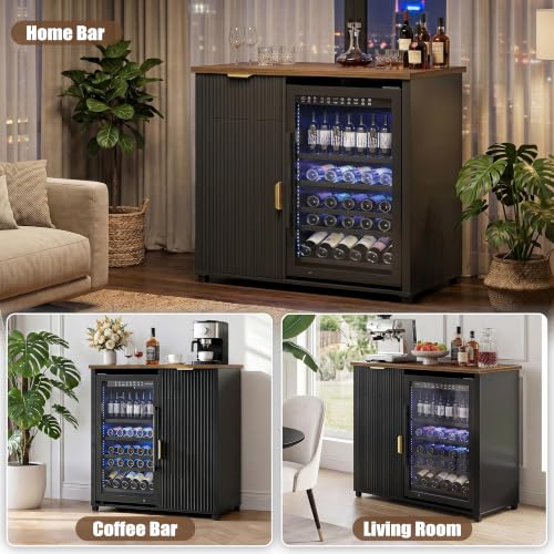 Apicizon Coffee Bar Cabinet with Fridge Space, Modern Fluted Coffee Station with Wine Beverage Storage, Drawer, Glass Holder, Wood Buffet Sideboard Table for Kitchen, Dining Room, 41.33" L, Black - color: Black
