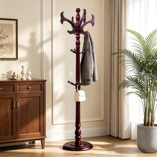 Heavy Duty Coat Rack Stand Free Standing Coat Tree for Small Space,vintage | Birch Wood Main Pole,Multifunctional,14 Hooks and 1 Round Base,for Hallway,Bedrooms,3 Height Adjustable(48.8-72.3") - color: Vintage Red 2