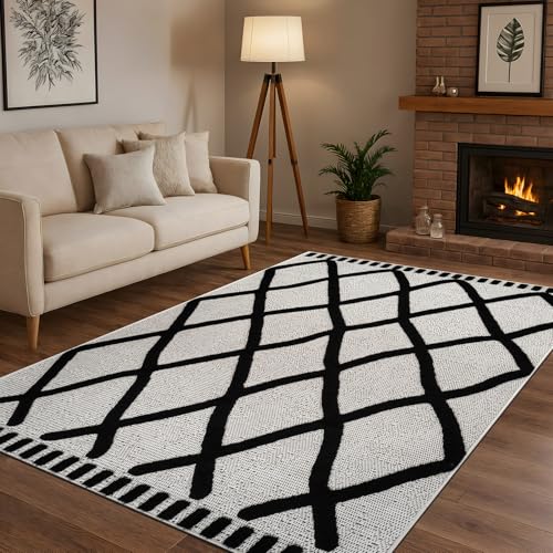 Modern Rug 9x12 Luxury Diamond Pattern Large Micro Loop Area Rugs Soft High-Low Pile Stain Resistant Easy to Clean Non-Shedding Durable Living Room Bedroom Indoor Carpet (Black/White) - color: Bold / Black, size: 9' x 12' (Rectangular)