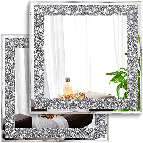 2 Piece Wall Mirrors, Crush Diamond Mirrors Decor, Silver Decorative for Living Room Bedroom, Bathroom. (12”x12”) - color: Silver, size: 12x12 inch (2 Pack) Square