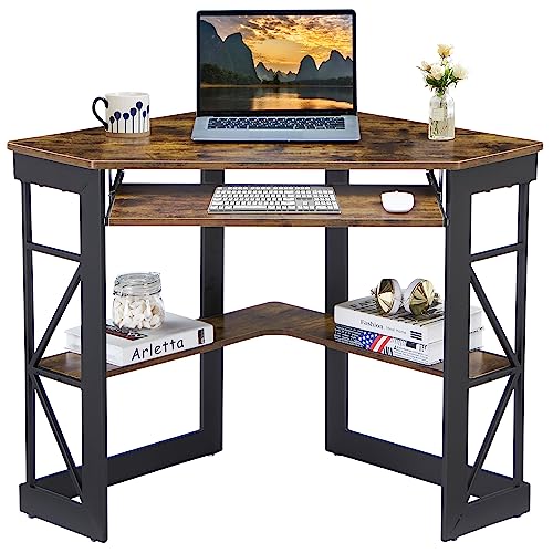 VECELO Corner Computer Desk 41 x 30 inches with Smooth Keyboard & Storage Shelves for Home Office Workstation, Antique Brown - color: Antique Brown