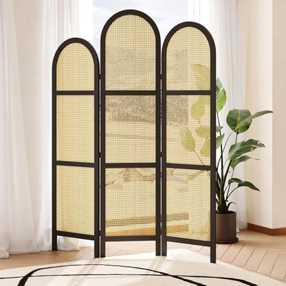 3-Panel Hand-Woven Rattan Room Divider, Tall Foldable Privacy Screen with Wooden Frame - Freestanding Portable Partition for Home Office, Bedroom, Bathroom(Black-Wave) - color: Black-wave