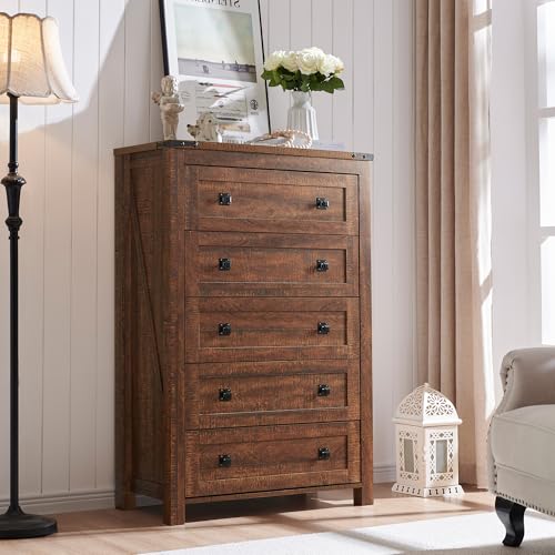 T4TREAM 48" Tall Farmhouse 5-Drawer Dresser for Bedroom, Reclaimed Barnwood | Rustic chests of drawers, Wood Storage Cabinet, Metal Handle, Unique Corner Accent, Bedroom, Living Room, Hallway - color: Reclaimed Barnwood, size: 15.8"D x 31.3"W x 48"H (5 Dr