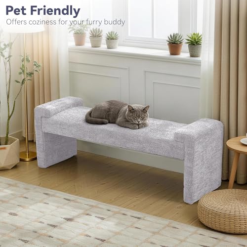 Upholstered Entryway Bench, 58.7" Modern Bedroom Bench, Grey | Sherpa Fleece, Curved Armrests, Solid Wood Frame, End of Bed, Bedroom, Living Room, Hallway - color: Grey-sherpa, size: 58.7"