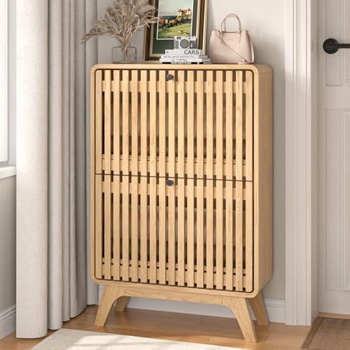 Jluomei Narrow Shoe Cabinet Storage for Entryway, Modern Cabinet Rack with 2 Flip Drawers, Slim Wood Fluted Entry Way Shoe Organizer, Wooden, Small, Farmhouse, Freestanding, Natural Oak - color: Natural