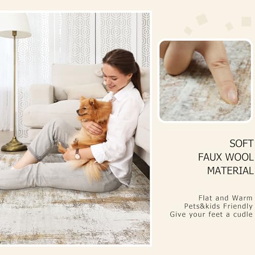 famibay 6x9 Area Rug Washable Rugs for Living Room Abstract Aesthetic Bedroom Rug Carpet with Rubber Backed Soft Low Pile Neutral Rugs for Bedroom Living Room Dining Room Office(Beige/Camel) - color: Beige and Camel, size: 6 x 9 feet