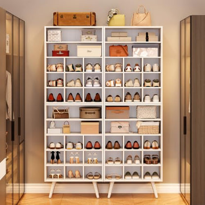 5 Tiers Shoe Cubby with Legs, Stackable Wood Shoe Rack Organizer with 9-Cube and 2 Storage Shelves, Holds 10-15 Pairs, Freestanding Shoe Rack for Closet, Entryway, Apartment, White - color: White