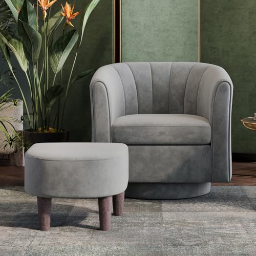 LINSY Swivel Accent Chair with Ottoman: Small Velvet Barrel Chair 360 Swivel Modern Armchair, Upholstered Reading Chair with Footrest for Living Room Bedroom Study Room (Grey) - color: Grey, size: Small
