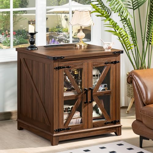 Joaxswe Farmhouse End Table for Living Room, Charger Station | USB Ports, Glass Barn Door, Solid Wood Legs, 24" Large Sofa Side Table, Adjustable Shelf, Brown Square Table for Bedroom - color: Brown, size: Set 1