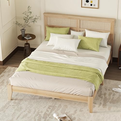 Queen Bed Frame with Rattan Headboard, Wood Rattan Queen Bed Frame with Enhanced Support Salts and Feet, Boho Platform Beds with Under Bed Storage, No Box Spring Needed,White Oak - color: White Oak, size: Queen