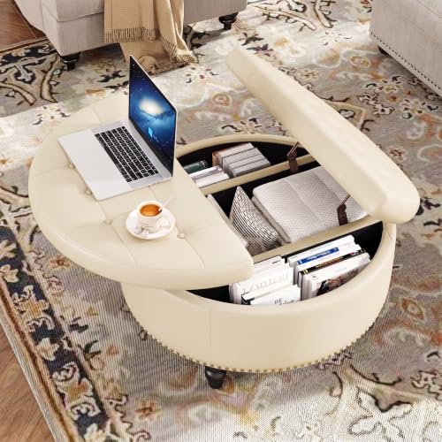 FiveWillowise 30 Inch Large Round Ottoman with Storage Circular,Cream White | Leather Coffee Table with Lift Top,Modern Upholstered Button Tufted Footrest Stool Solid Wood Legs for Living Room,Bedroom - color: Cream White