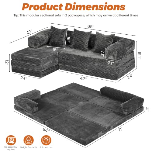 6-in-1 Boneless Couches L-Shaped Modular Sectional Sofa | Cloud Couch Sectional & Tri-Folding Mattress | Corduroy Pet-Friendly Convertible Sofa Bed with 800LB Capacity Apartment, Guest Room - color: Grey 2