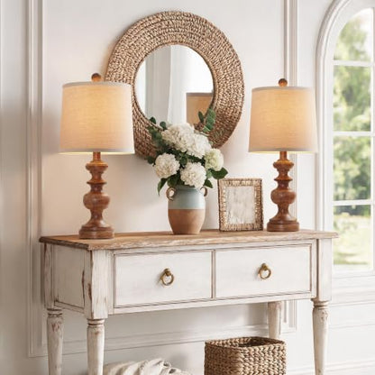 Farmhouse Table Lamp Set of 2, Rustic Table Lamps for Living Room Bedroom, 22" Mid Century Modern Desk Lamp Bedside Nightstand Lamps with Linen Tapered Drum Shades, Wood Grain - color: Wood Grain