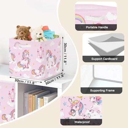 Clastyle 11.8" Unicorn Storage Basket Set of 3 for Kid Girl Toy Clothes Bin | Collapsible Fabric Book Bin, Metal Frame Bottom Board, Cube Organizer, Closet Nursery Pantry Shelf Bedroom, Pink Rainbow