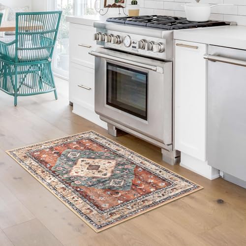 KOZYFLY Small Area Rug 2x3 Ft Rugs for Entryway Washable Boho Entry Rug Non Slip Door Mat Indoor Entrance Rust/Orange/Blue Printed Faux Wool Vintage Printed Kitchen Rug Throw Rugs for Entrance Kitchen - color: Rust/Orange/Blue, size: 2' x 3' (Rectangular)