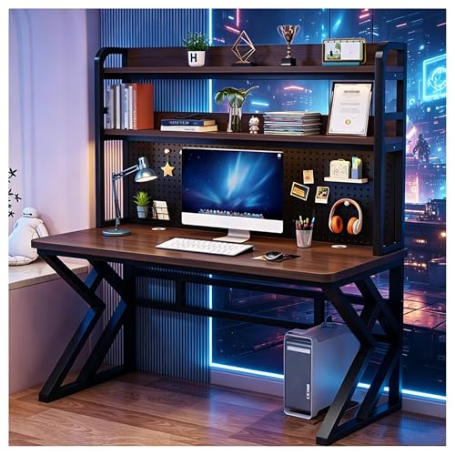 39.3in Gaming Desk with Bookshelf, Pegboard & Storage Shelves | Spacious Sturdy Large Writing Table ，with Desktop Shelves & Ample Leg Room – Ideal Home Office PC Gamer Workstation Desk - color: Brown, size: 39.3in