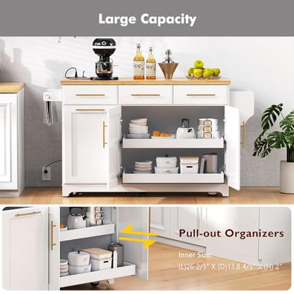 59.3" Rolling Kitchen Island with Trash Can Storage, Mobile Kitchen Storage Island with Drop Leaf, Power Outlet, Pull Out Cabinet Organizer (White) - color: White