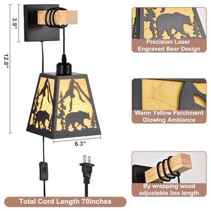 Wall Sconce Plug in,Bear Matte Metal Rustic Sconces,1 Pack Farmhouse Yellow Parchment Paper Shades Wall Lamp Plug in with Wood Arm,E26 Base Indoor Light for Bedside,Living Room,Bedroom,Hallway - color: Bear-Yellow