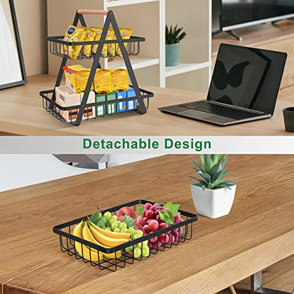 mahueeol 2-Tier Metal Fruit Basket for Kitchen Counter with Wooden Handle | Detachable rectangular baskets hold fruits, vegetables, bread and snacks; use stacked or separately in kitchens and pantries - color: Black