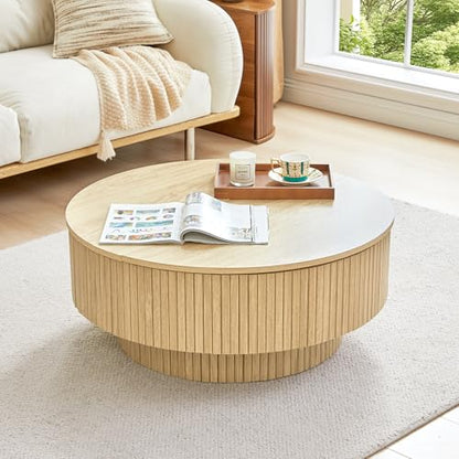 33" Round Coffee Table with Lift-Top & Flip-Top Storage, Modern Accent Fluted Coffee Tables with Metal Frame, Wooden Circle Center Table for Living Room Small Space Apartment Office (Natural) - color: Natural 33" Round Lift-top & Flip-top