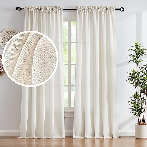Treatmentex Semi Sheer Linen Curtains Natural 84inch Length Country Falx Blend Curtains for Living Room Farmhouse Light Filtering Privacy Elegant Drapes Bedroom 52" W x 84", Set of 2 Panels - color: Flax Linen- Not See Through, size: 52"W x 84"L (Pack of