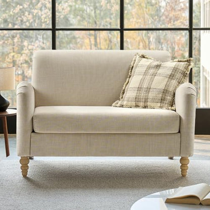 HULALA HOME 50.5" Small Loveseat Sofa, 2 Seater Farmhouse Sofa, Linen | Comfy Upholstered Couch, with Solid Wood Spindle Legs and Rolled Wide Armrests, Loveseat Couch for Living Room Bedroom - color: Linen, size: 2-Seater Loveseat