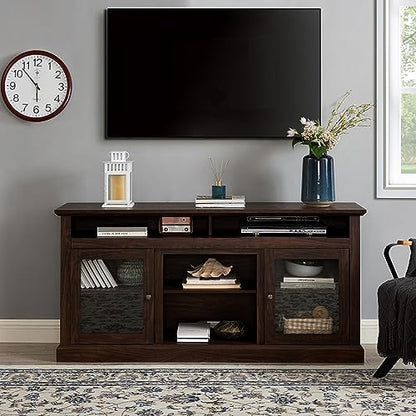 Modern TV Stand for 65 Inch TV, 60 Inch Farmhouse TV Console with Glass Doors and Adjustable Shelves for Living Room, Wood Media Entertainment Center with Cable Management, Brown - color: Brown-f-60.00 X 15.75 X 29.00 Inch