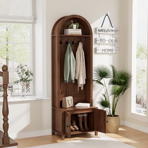 Hall Tree with Bench and Shoe Storage 4-in-1 Entryway Bench with Coat Rack | 70.9"Arch Coat Rack with Fluted Doors and 4 Hooks,Top Cubby,Farmhouse Tall Hall Tree Entryway Organizer for Hallway,Walnut - size: 23.7"W