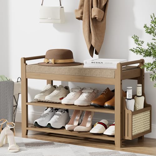 Homaxy 2-Tier Shoe Rack Bench, 28.2 in, Walnut and Light Brown | Bamboo Entryway Bench, with Side Holder, Shoe Rack Organizer with Cushion for Front Entrance, Hallway Living Room Bedroom - color: Walnut and Light Brown, size: 28.2 in