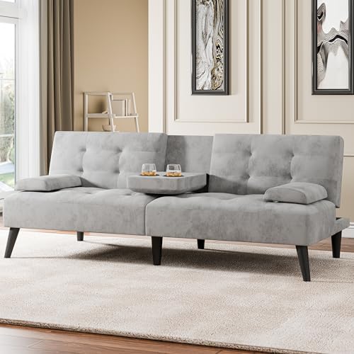 64" Futon Sofa Bed, Convertible Loveseat with 2 Cup Holders, Small Couch with 3 Adjustable Angles & Removable Armrest, Light Grey - color: Light Grey